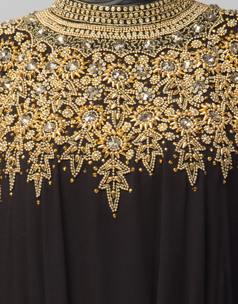 Trendy Double Layers Hand Copper Embroidered Kaftan In the Shade of  Black